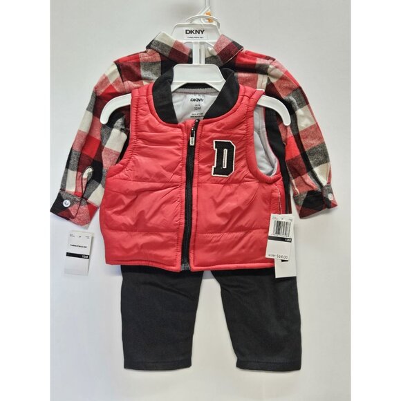 DKNY Size 12M Set Of 3, Red Vest/ Black Pants/ Red Plaid Button Up Long Sleeve - Picture 1 of 12